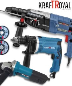 Pack 3 outils Perforateur, Perceuse et Meuleuse d'angle 125mm électrique 1200 W Kraft Royal